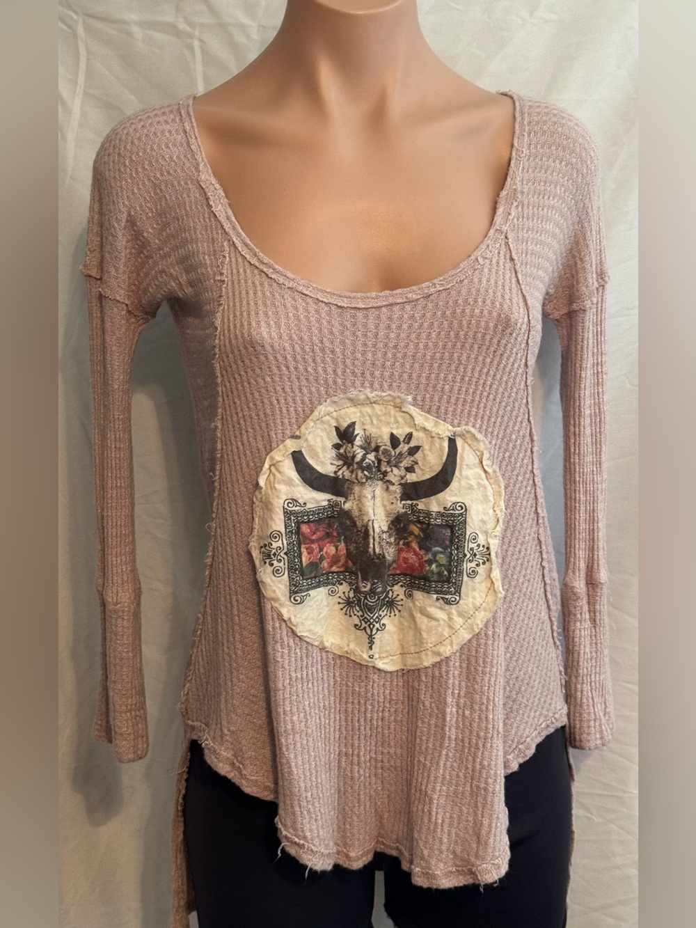Boho Bull Skull Waffle Long-Sleeve Top with Graphic Patch - Mauve